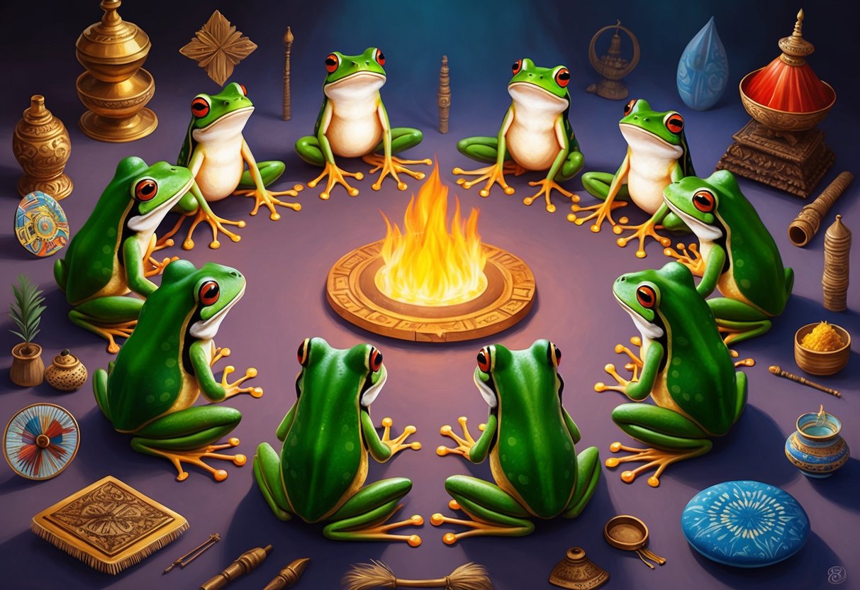 A group of frogs sitting in a circle, surrounded by various cultural symbols and objects representing different traditions and beliefs