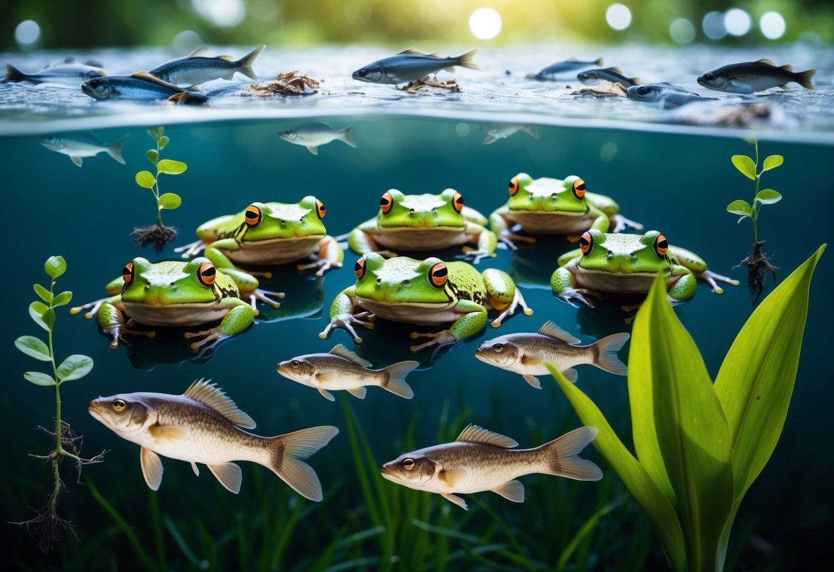 A group of frogs surrounded by polluted water, dead fish, and dying plants, illustrating the impact of environmental threats on their health