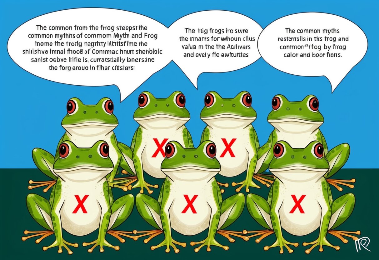 A group of frogs surrounded by speech bubbles containing common myths, with a red 