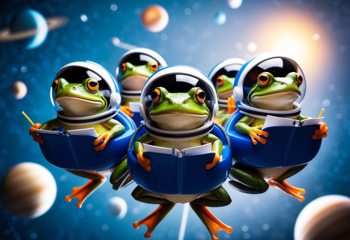 A group of frogs wearing space helmets float in zero gravity, surrounded by stars and planets. They appear to be conducting experiments and taking notes