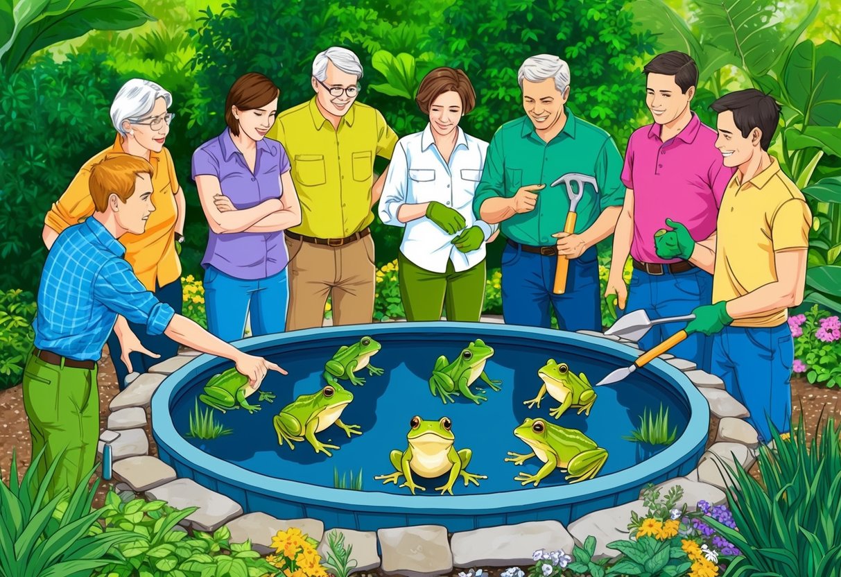 A group of people gather around a garden frog pond, discussing common problems and solutions. Some are pointing at the pond, while others are holding gardening tools