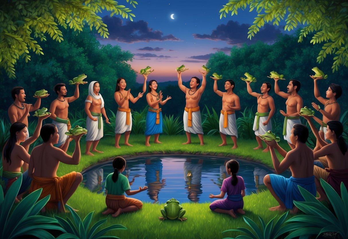A group of people gather around a pond at dusk, surrounded by lush greenery. They hold up frogs and toads, performing ancient rituals and ceremonies as they chant and dance