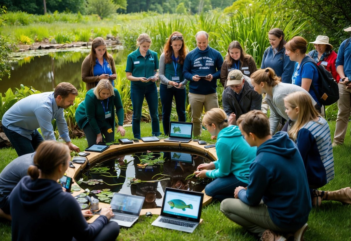 A group of people gather around a pond, using technology and interactive displays to educate the public about amphibian conservation research