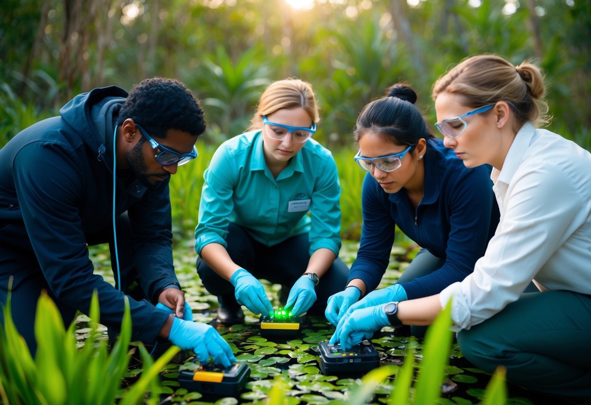 A group of researchers use high-tech devices to track and monitor the movements of frogs in their natural habitat