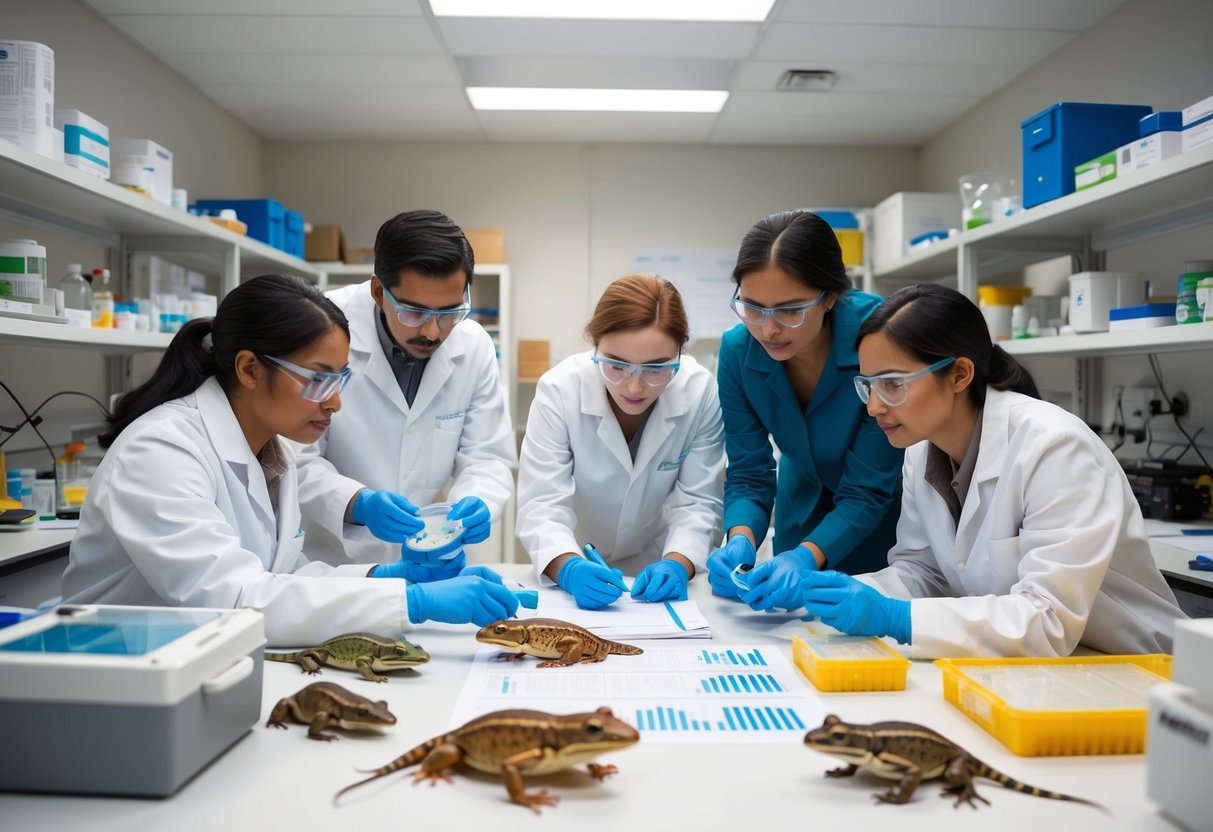 A group of scientists and researchers working in a laboratory, surrounded by amphibian specimens, charts, and technological equipment