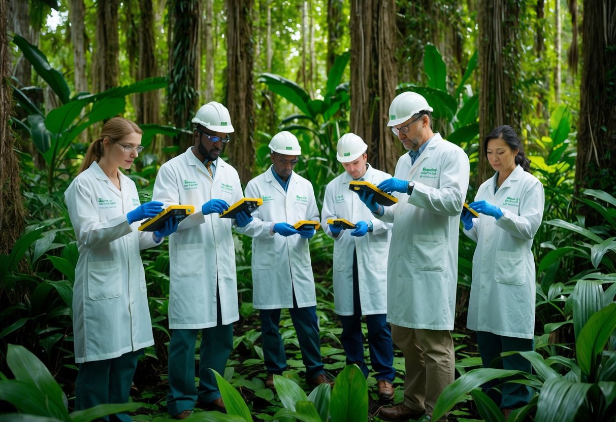A group of scientists in a dense, lush forest, using high-tech devices to track and monitor the movements and populations of various frog species
