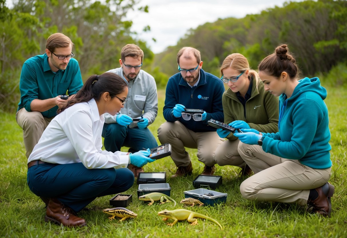 A group of scientists observe and document various amphibian species in their natural habitats, using advanced technology and equipment for conservation research