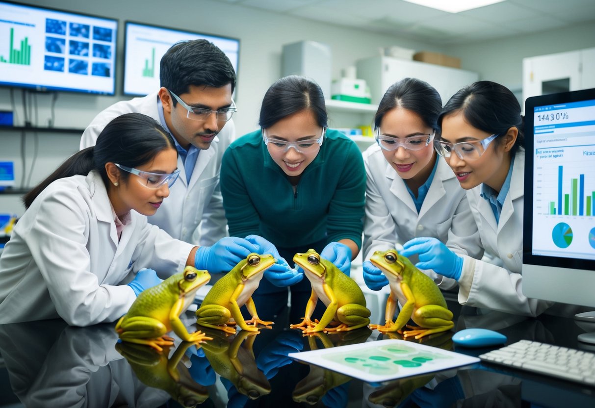 A group of scientists observe frogs in a laboratory, surrounded by high-tech equipment and computer screens displaying data on environmental impact
