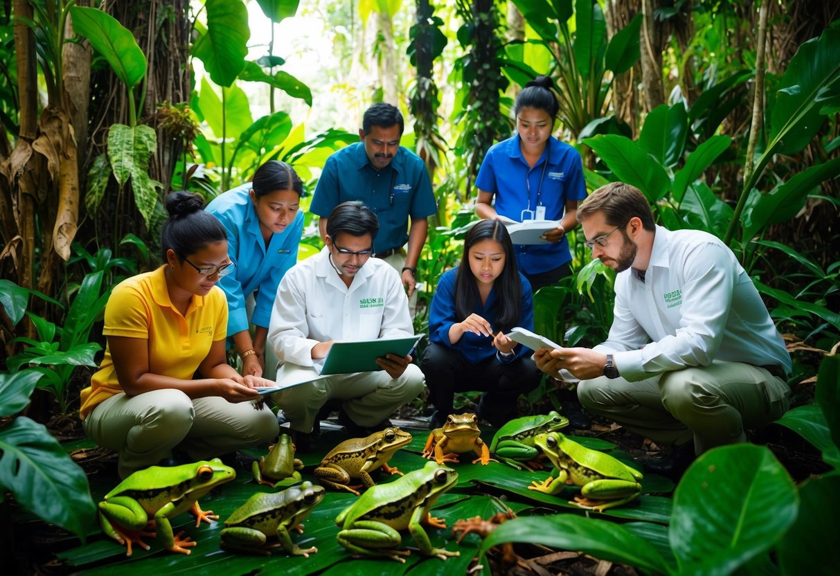 A group of scientists studying frogs in a lush, tropical rainforest, surrounded by various species of amphibians and vibrant plant life