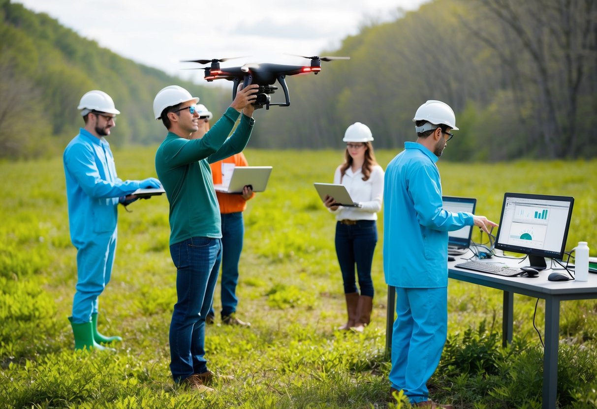 A group of scientists using drones to survey frog habitats, while others analyze data on computers