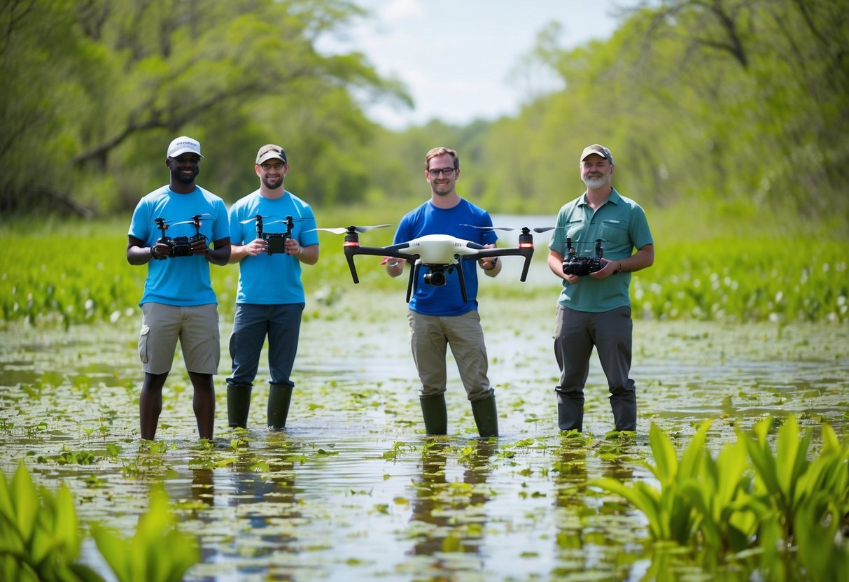 A group of scientists using drones to track and monitor frog populations in a lush, green wetland