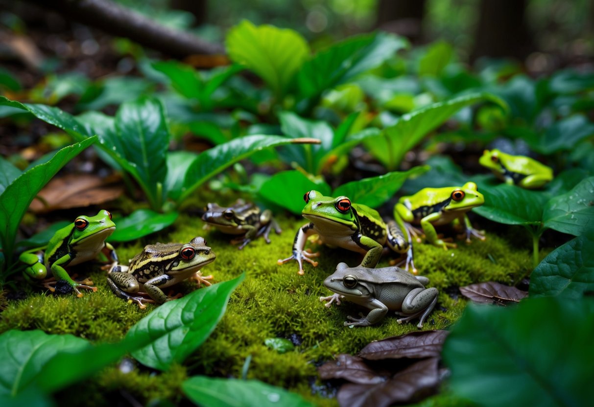 A lush, damp forest floor with vibrant green leaves and moss. A variety of frogs and toads in different shades of green, brown, and gray are scattered among the foliage