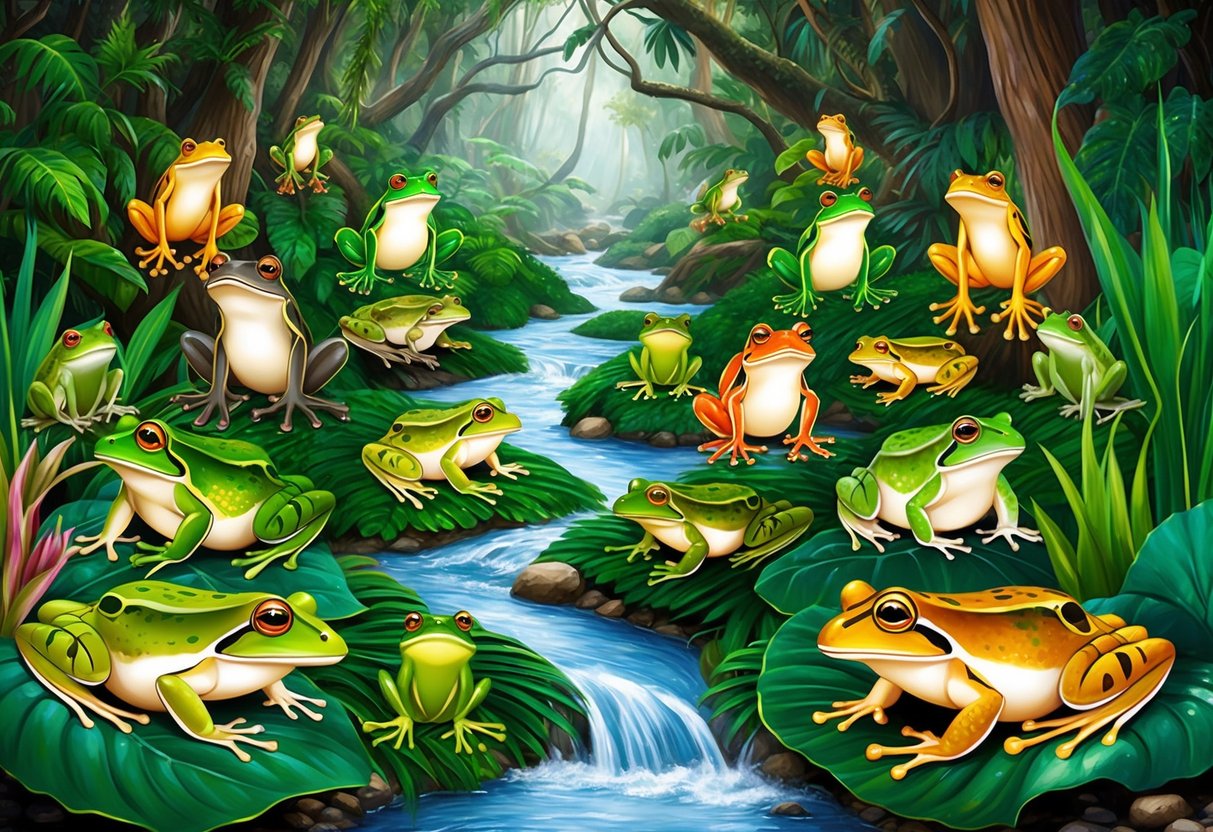 A lush forest with vibrant indigenous artwork featuring frogs and toads in various poses and sizes, surrounded by flowing rivers and lush vegetation