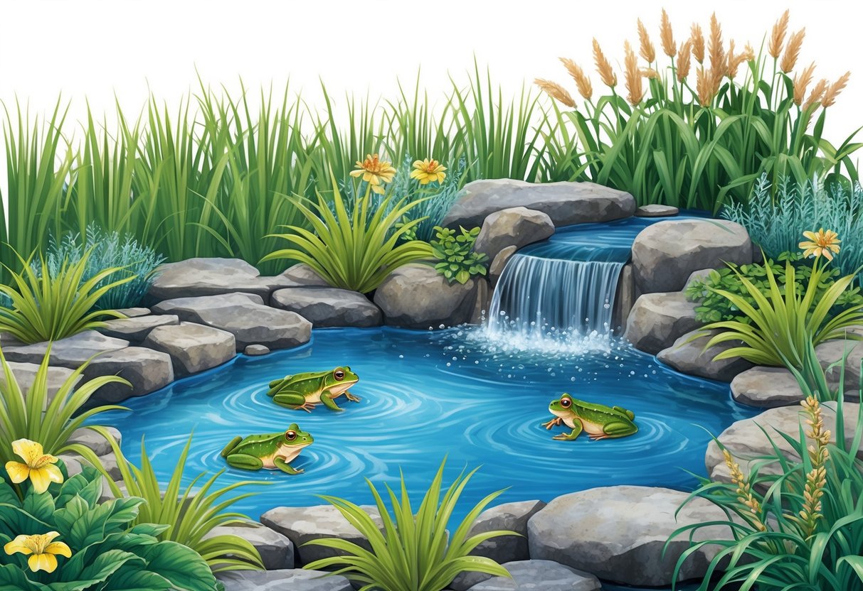 A lush garden pond with rocks, plants, and a small waterfall, surrounded by tall grasses and flowers. A few frogs are resting on the rocks or swimming in the water