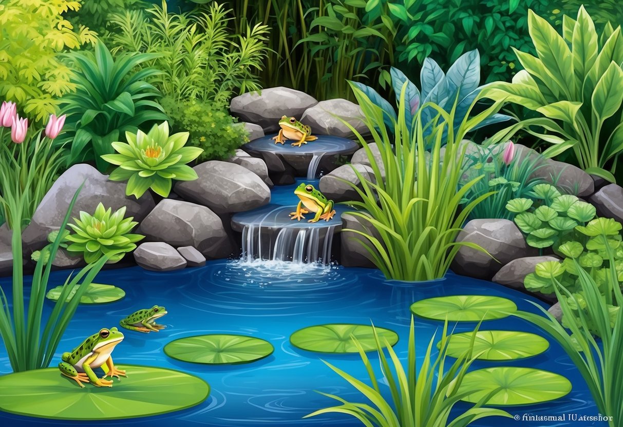 A lush garden pond with rocks, water lilies, and reeds. A variety of plants and a small waterfall provide shelter and hiding spots for frogs
