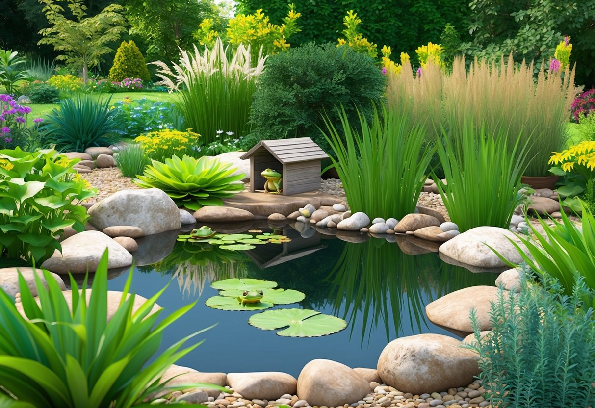 A lush garden pond with rocks, water lilies, and tall grasses, surrounded by a variety of plants and flowers. A small wooden shelter provides a cozy home for garden frogs