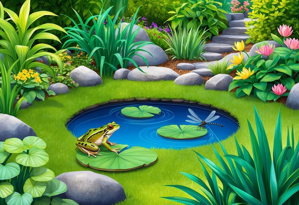 A lush garden with a small pond surrounded by rocks and vibrant plants. A frog hops onto a lily pad, while dragonflies flit around the water