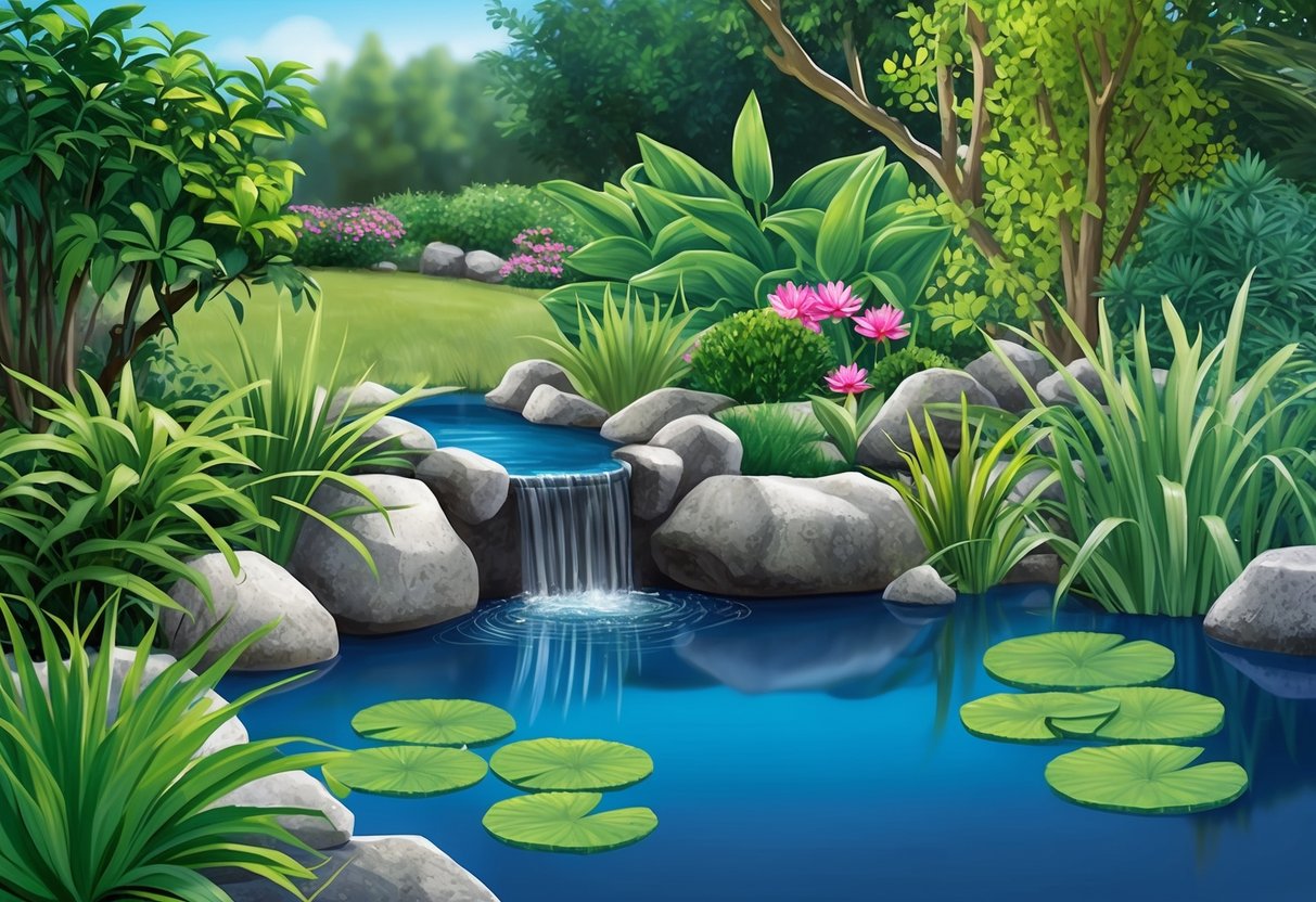 A lush garden with a tranquil pond, surrounded by native plants and rocks. Lily pads float on the water's surface, and a small waterfall adds a soothing sound to the environment