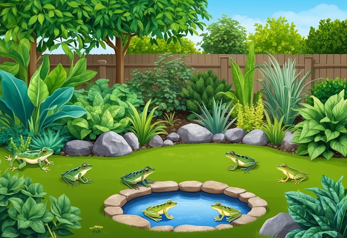 A lush garden with a variety of plants, a small pond, and rocks for shelter, with frogs hopping and lounging in the natural habitat