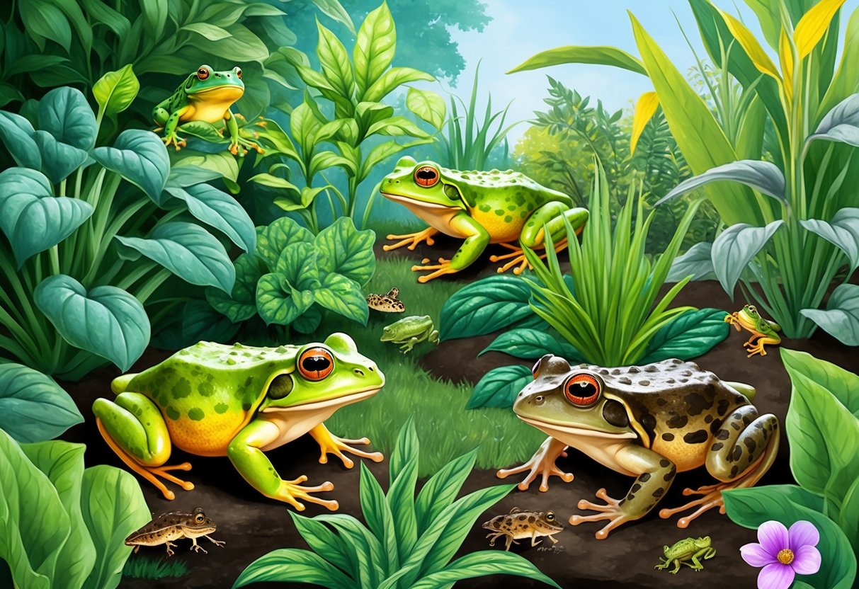 A lush garden with frogs and toads hopping among plants, eating pests, and contributing to a healthy ecosystem