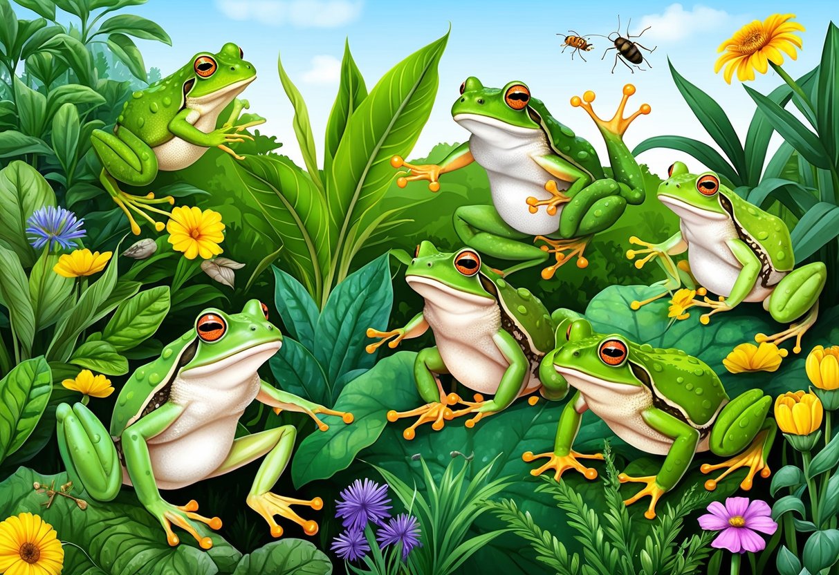 A lush garden with frogs and toads hopping among plants, flowers, and insects. The amphibians contribute to the garden's biodiversity