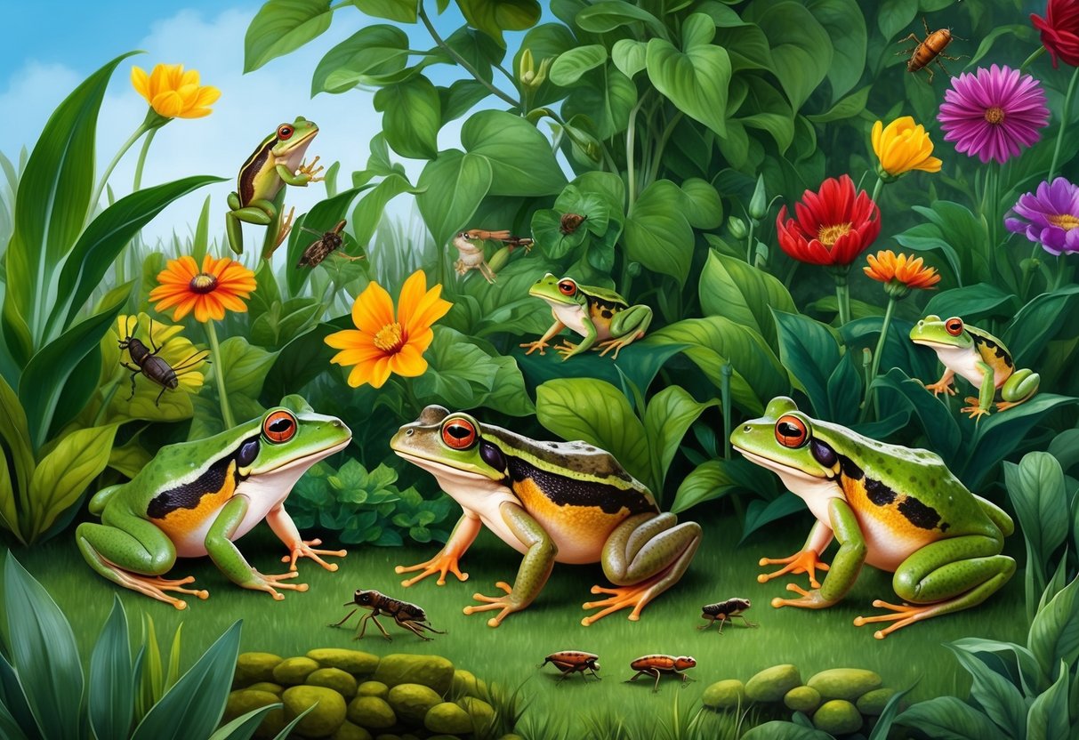 A lush garden with frogs and toads hunting insects among the plants and flowers