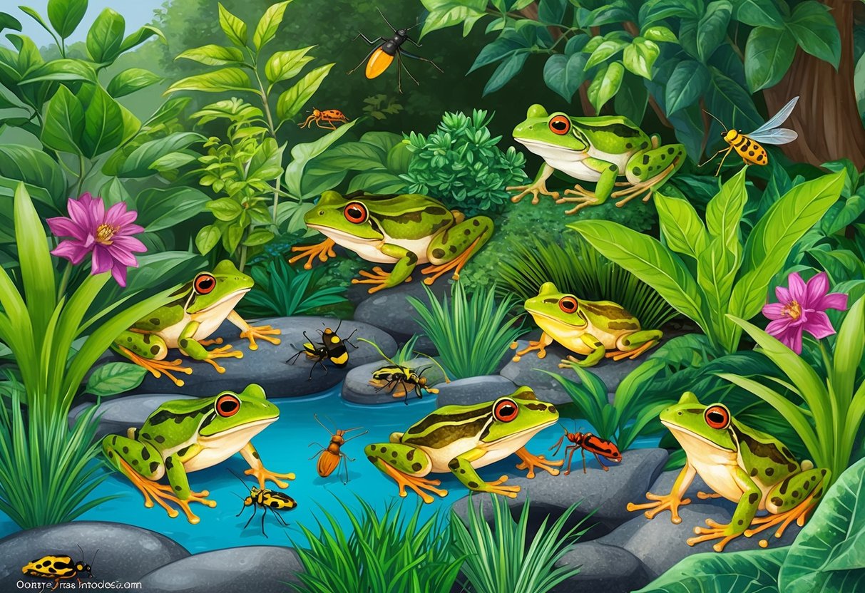 A lush garden with frogs hopping among plants, insects, and water features. The ecosystem thrives with educational and enjoyment value