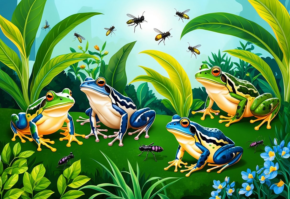 A lush garden with frogs sitting among vibrant plants, insects buzzing around. The frogs contribute to a healthy ecosystem, controlling pests and adding to the natural beauty