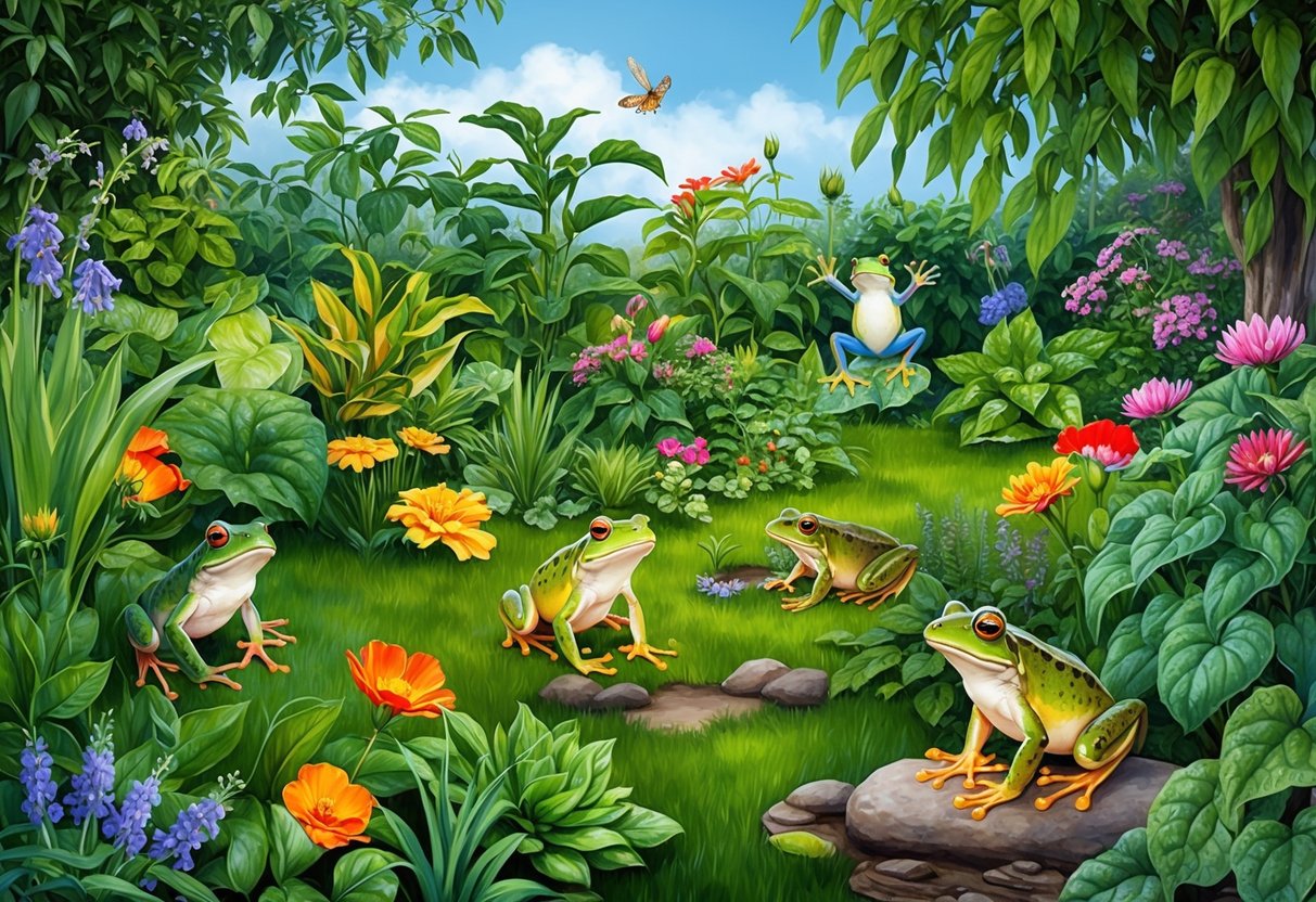 A lush garden with various plants and flowers, with frogs hopping around and interacting with the ecosystem