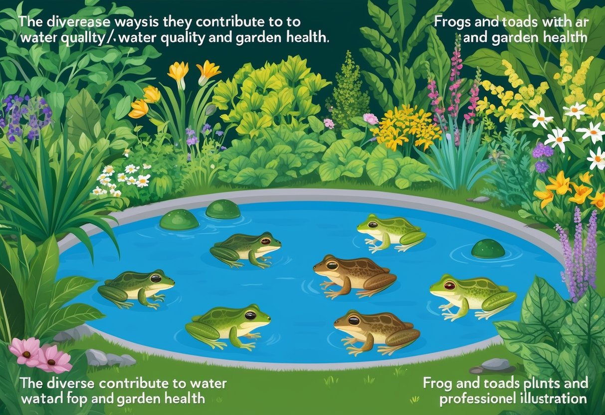 A lush garden with various types of plants and flowers, and a pond with frogs and toads hopping around, showcasing the diverse ways they contribute to water quality and garden health
