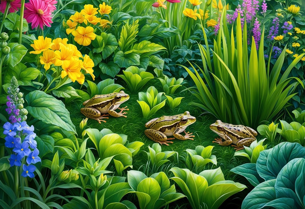 A lush garden with vibrant flowers and healthy, thriving plants. Frogs and toads are nestled among the greenery, their presence contributing to the overall growth and beauty of the garden