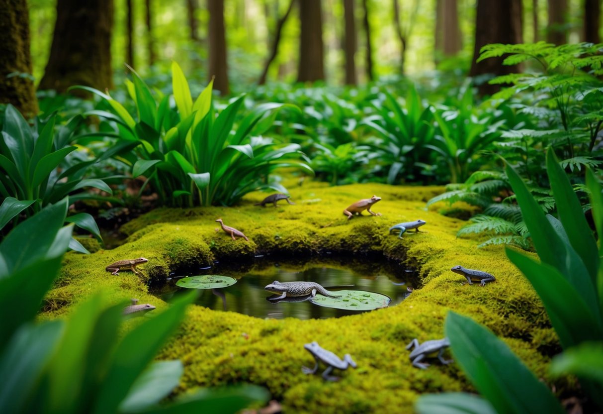 A lush, moss-covered forest floor with a small pond, surrounded by vibrant green foliage and filled with various amphibians
