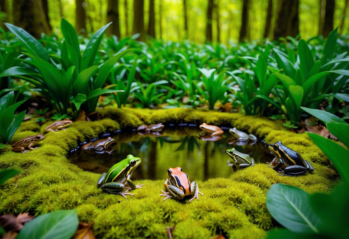 A lush, moss-covered forest floor with a small pond surrounded by vibrant green foliage, showcasing a variety of frogs and toads in their natural habitat
