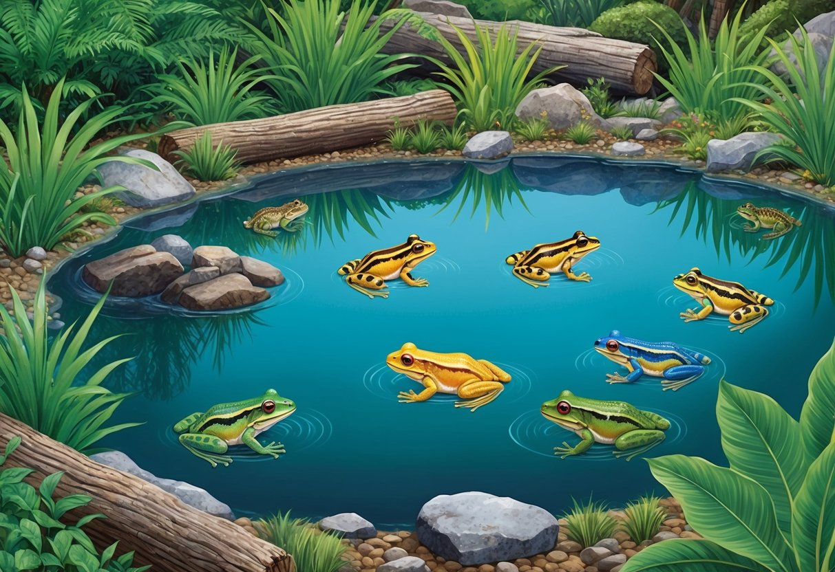 A lush pond surrounded by native plants, rocks, and fallen logs. Several species of colorful frogs are seen hopping and swimming in the clear water