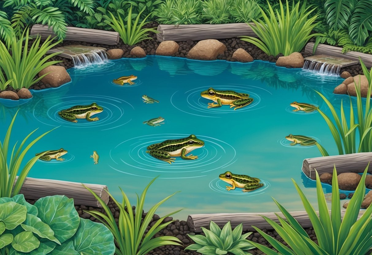 A lush pond surrounded by native plants, with rocks and logs for sunbathing, and shallow areas for breeding. Native frog species are seen hopping and swimming in the clear water