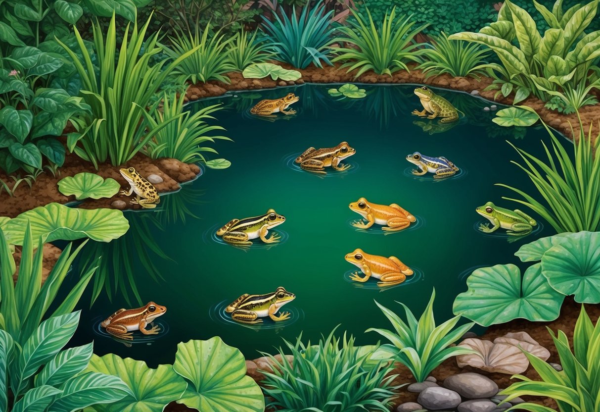 A lush pond surrounded by native plants, with various species of frogs hopping and swimming in the water