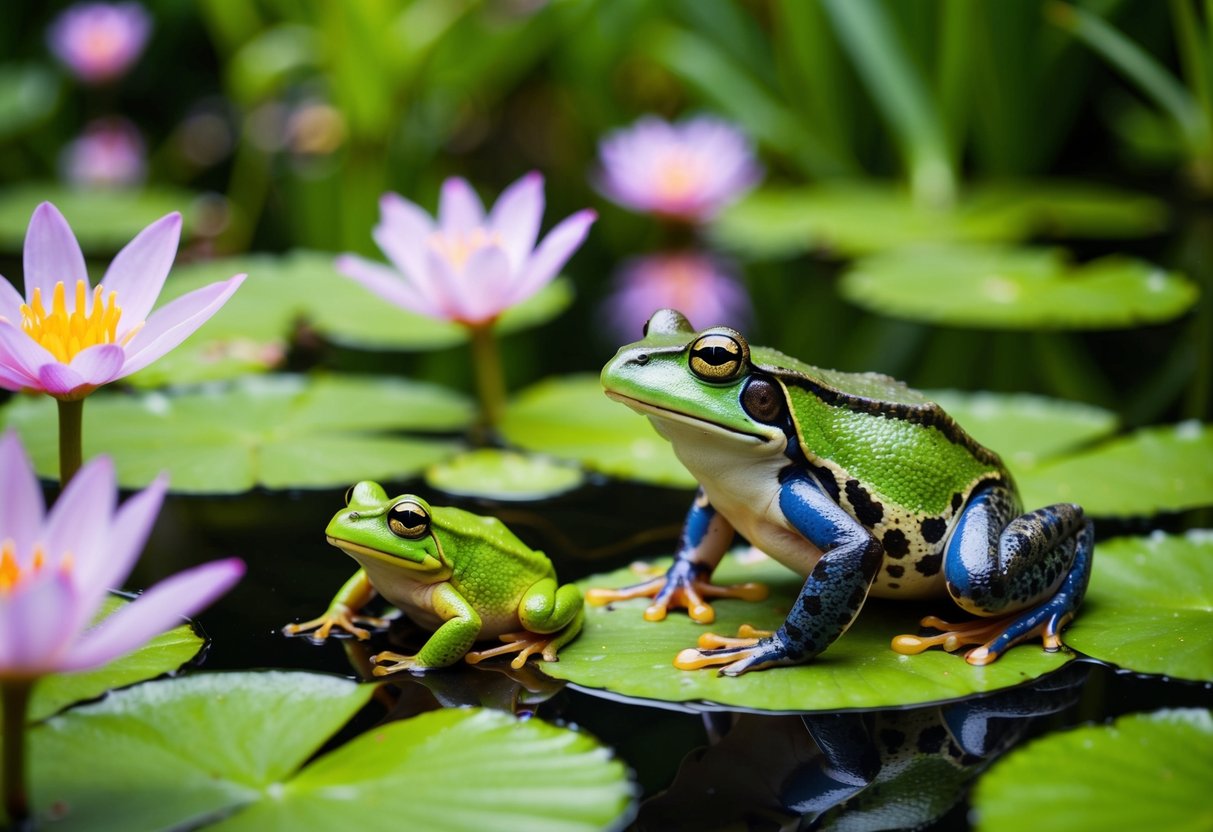 A lush pond surrounded by vibrant flowers, with a serene frog and toad sitting on lily pads
