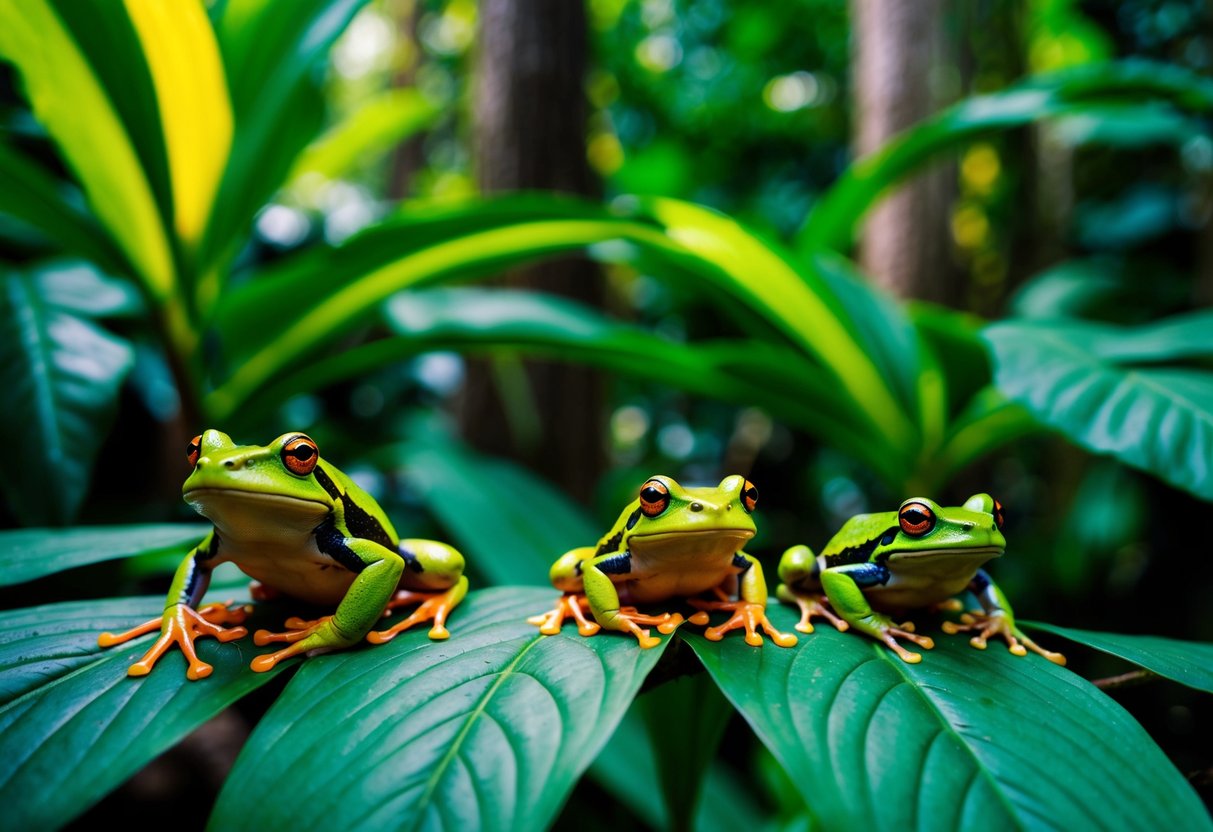 A lush, tropical rainforest with vibrant foliage and a variety of frog and toad species perched on leaves and branches