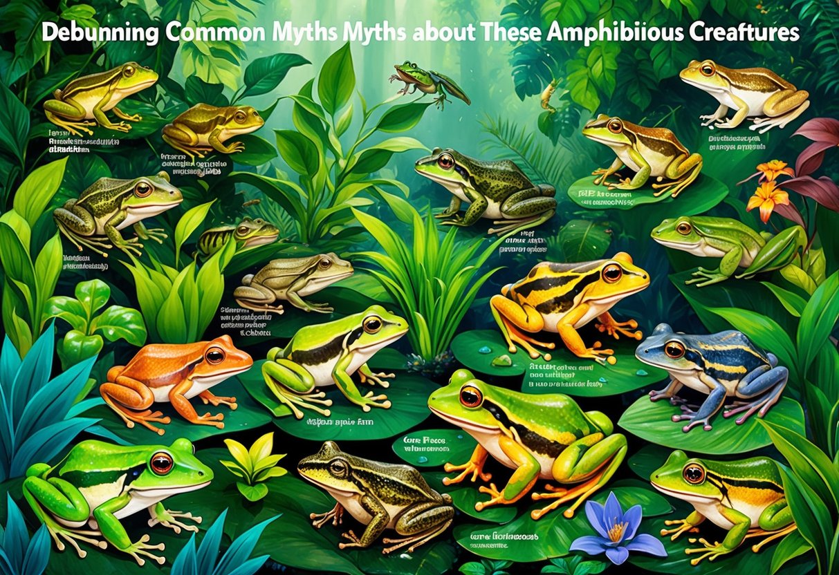 A lush, vibrant ecosystem teeming with diverse plant life and a variety of frogs in their natural habitats, debunking common myths about these amphibious creatures