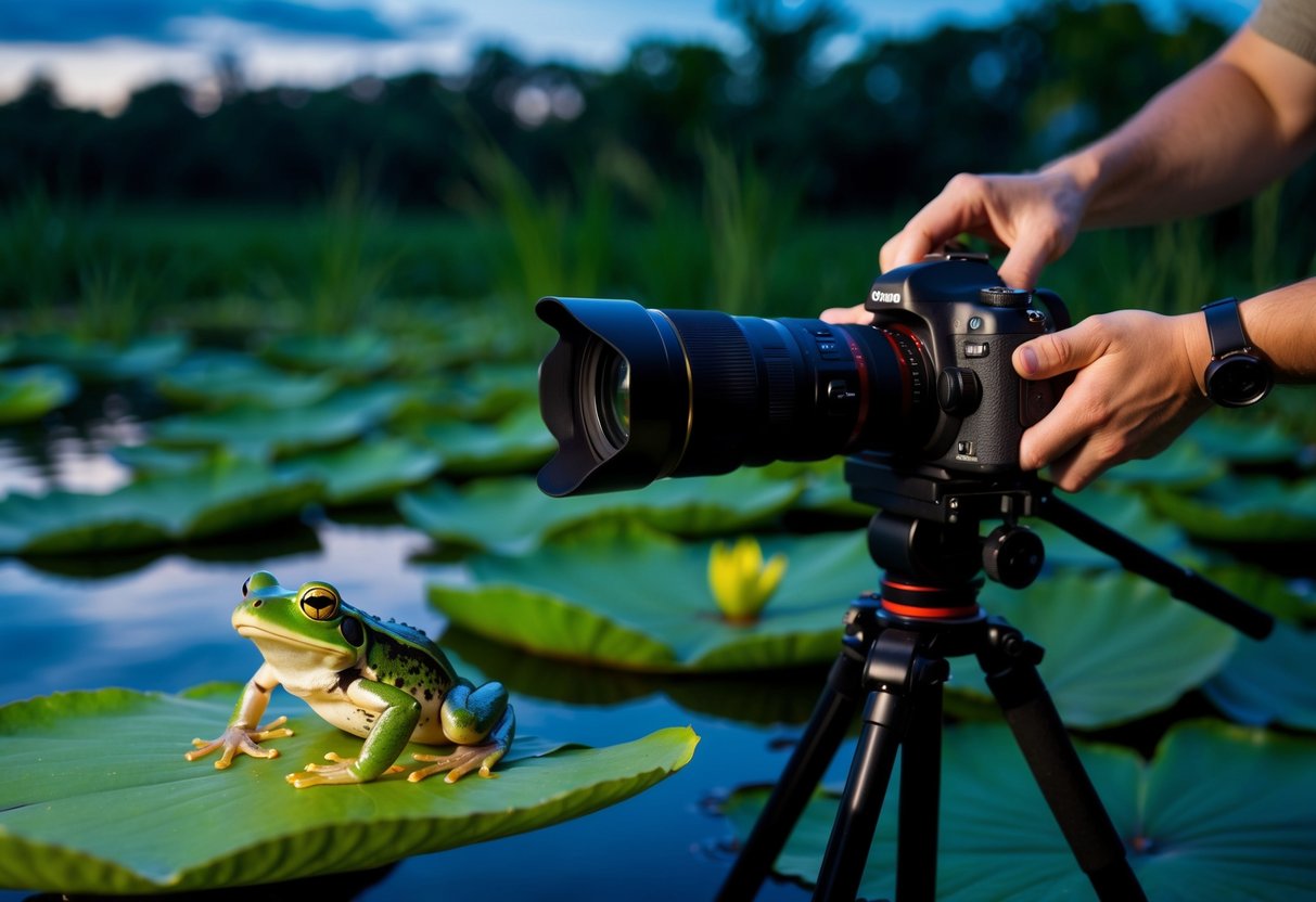 A lush wetland at dusk, with a frog perched on a lily pad. A photographer adjusts a high-end camera on a tripod, capturing the amphibian in crisp detail