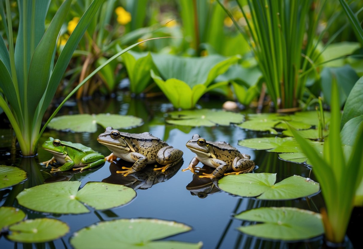 A lush, wetland habitat with a variety of plants and water features. Frogs and toads are seen in their natural environment, surrounded by lily pads and reeds