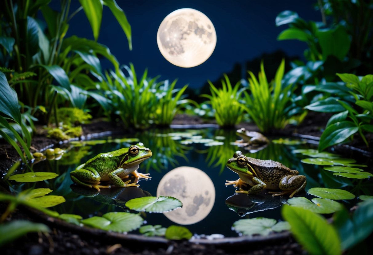 A moonlit pond with frogs and toads, surrounded by lush vegetation and ethically photographed using night photography techniques