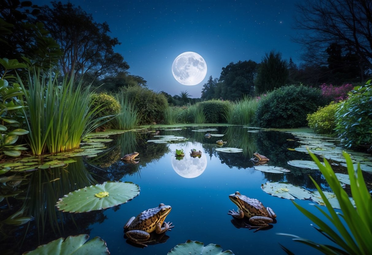 A moonlit pond with frogs and toads, surrounded by trees and bushes. Bright stars overhead, creating a serene and magical atmosphere for night photography