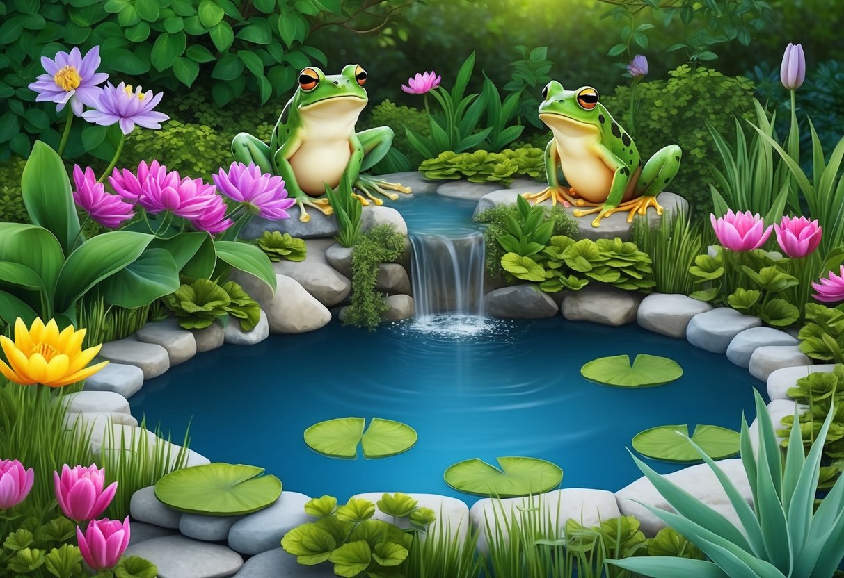 A peaceful frog pond surrounded by blooming flowers and lush greenery, with a small waterfall and lily pads floating on the water