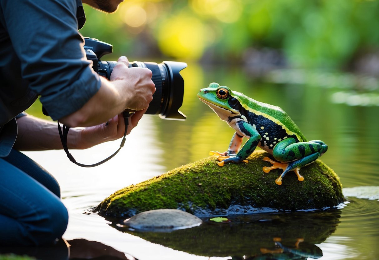 A photographer carefully adjusts lighting and angles while capturing a close-up shot of a vibrant amphibian perched on a mossy rock near a glistening pond