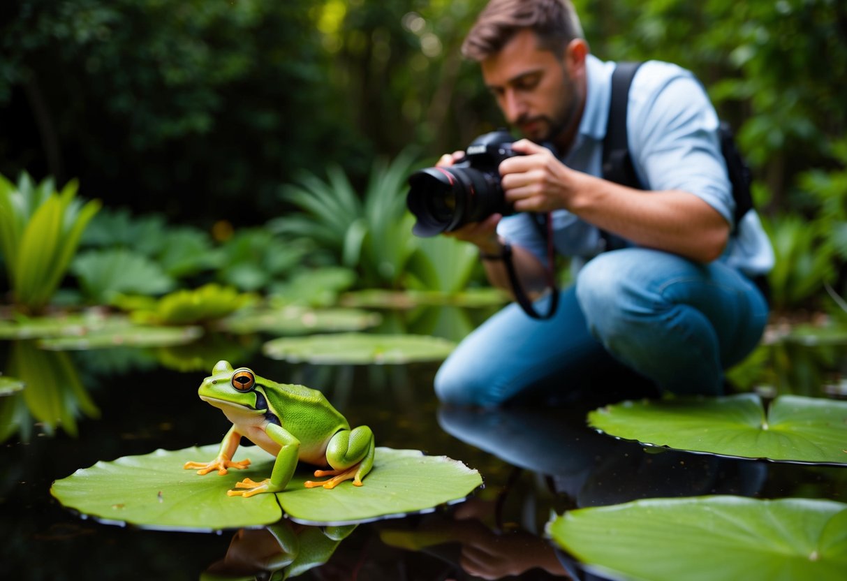 A photographer crouches near a pond, camera focused on a vibrant green frog perched on a lily pad. Surrounding foliage adds depth to the shot