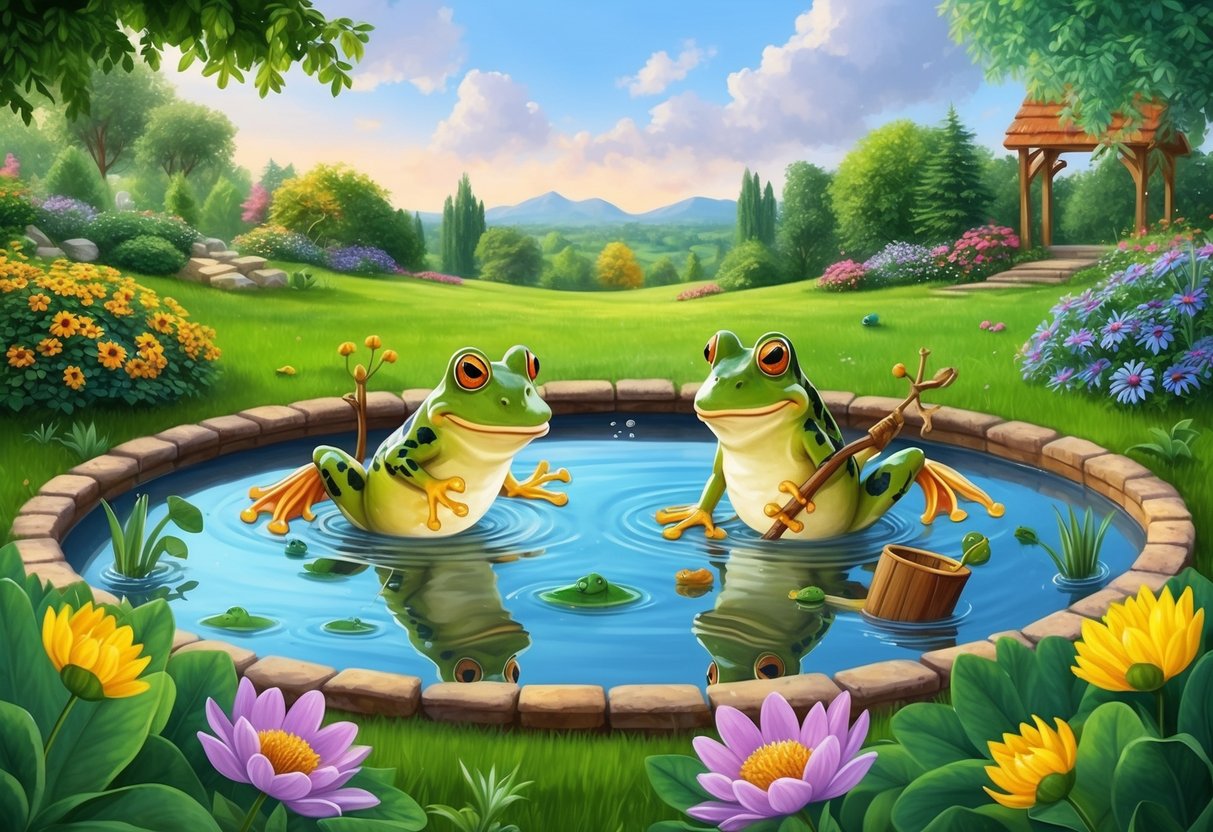 A picturesque pond with two friendly frogs, engaging in various adventures and activities, surrounded by lush greenery and colorful flowers