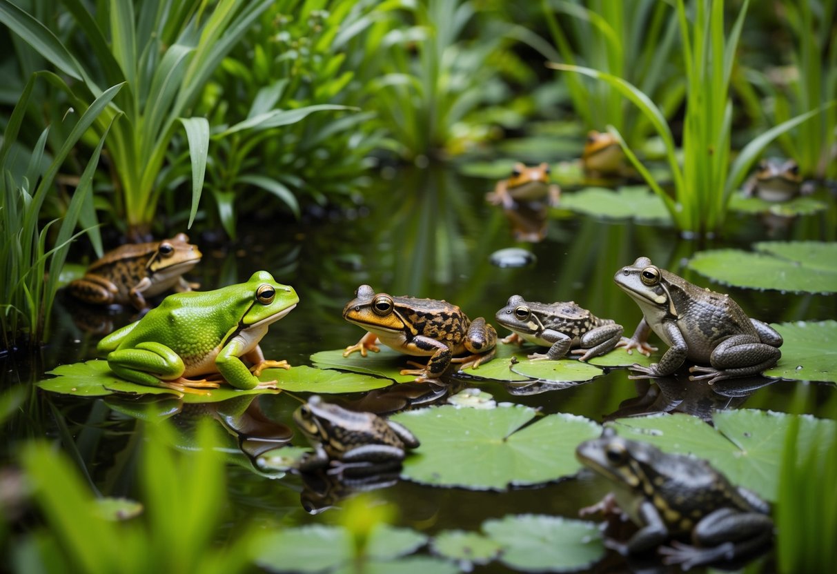 A pond surrounded by lush green vegetation, with a variety of frogs and toads in different shades of green, brown, and gray, blending in with their surroundings