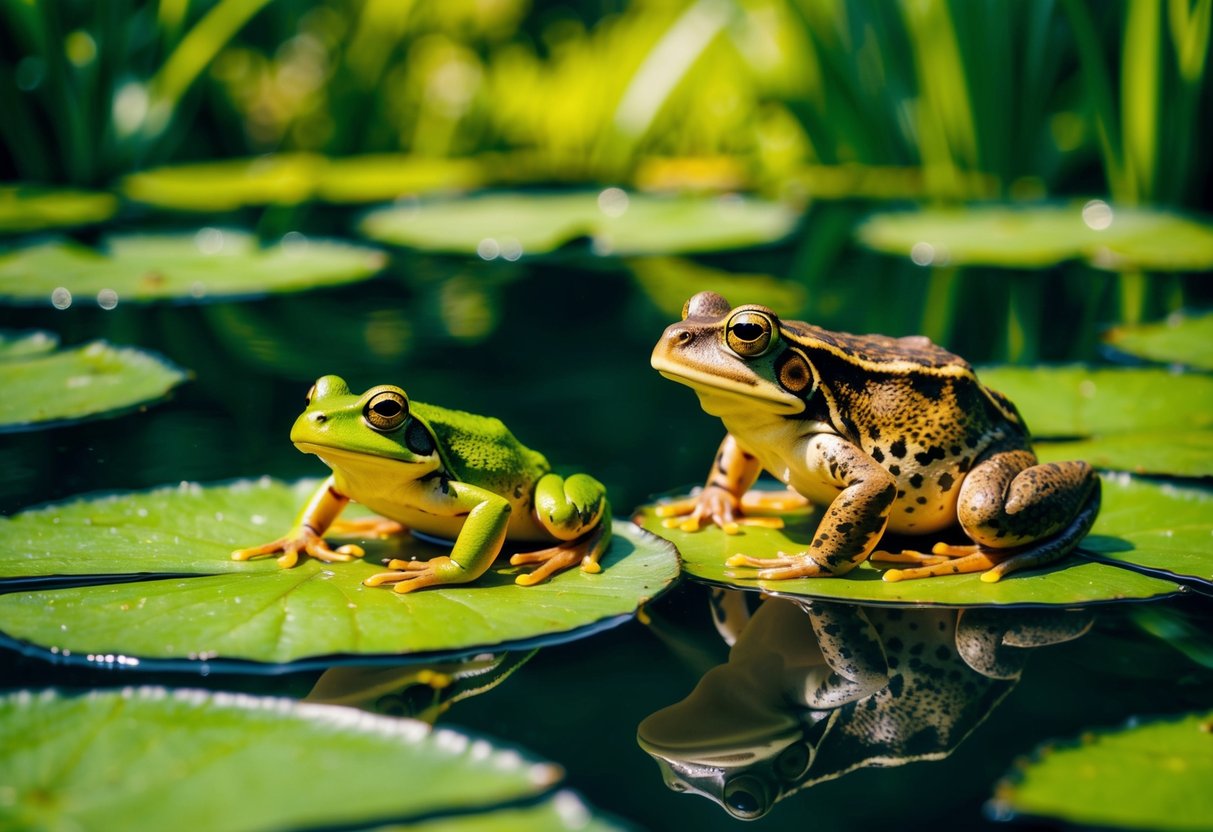 A pond surrounded by lush greenery, with a frog and a toad sitting on lily pads, basking in the warm sunlight