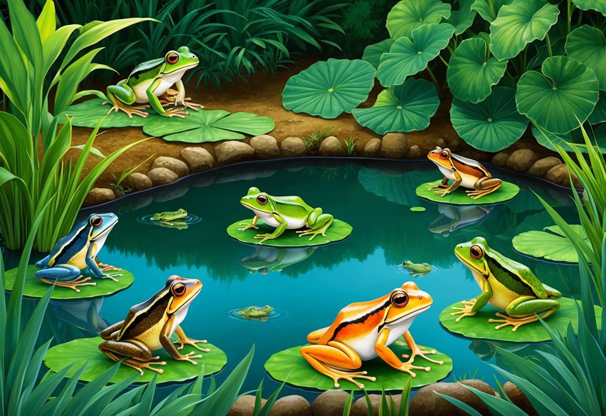 A pond surrounded by lush greenery, with frogs of various sizes and colors sitting on lily pads and croaking